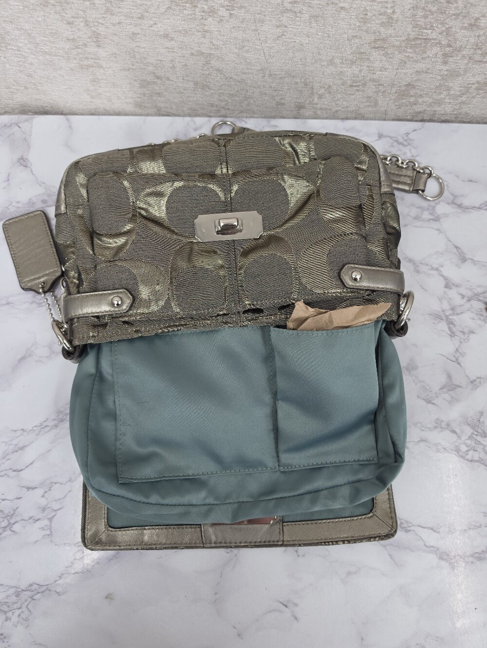 Coach Signature Canvas Jacquard Shoulder Bag in Metallic Pewter Chain Straps - Picture 6 of 16